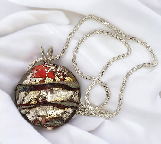 Beautiful Lampwork Bead Pendant, JSK Lava Landscape Bead, Silver and Hot Lava Colors, 18 inch Sterling Silver chain, Glass Artist June Knowles