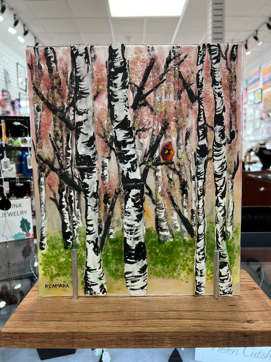 Autumn, White Birch, 10" X 12", Hand painted, elegant, Birch Trees, Cardinal, Male Cardinal, fused glass art, hand-crafted, Oak stand