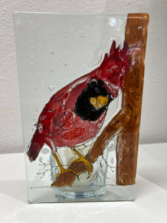 Fused Glass Art, Cardinal,  Votive Candle, tree, hand-painted, special glass paint,  fused in a glass kiln, 7 X 9