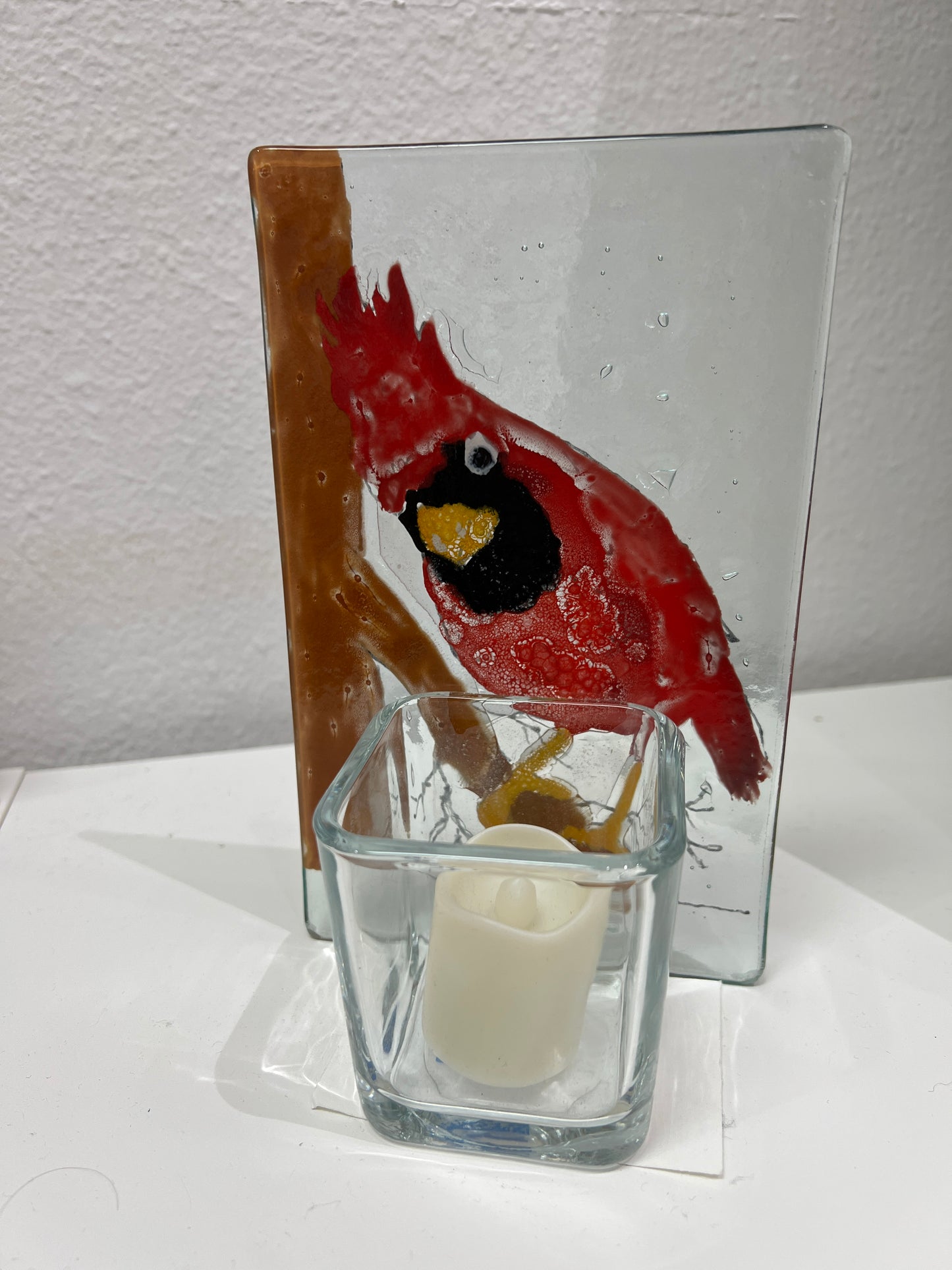 Fused Glass Art, Cardinal,  Votive Candle, tree, hand-painted, special glass paint,  fused in a glass kiln, 7 X 9