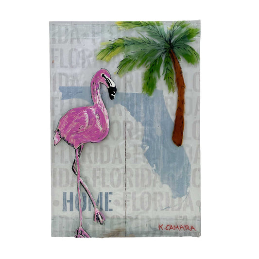 essence of Florida, hand-painted, Florida Flamingo, Palm Tree, glass panel, fused glass art, rustic wooden display frame, map of Florida, Florida, Flamingo, Palm Tree, 7" X 10", wall art, table art