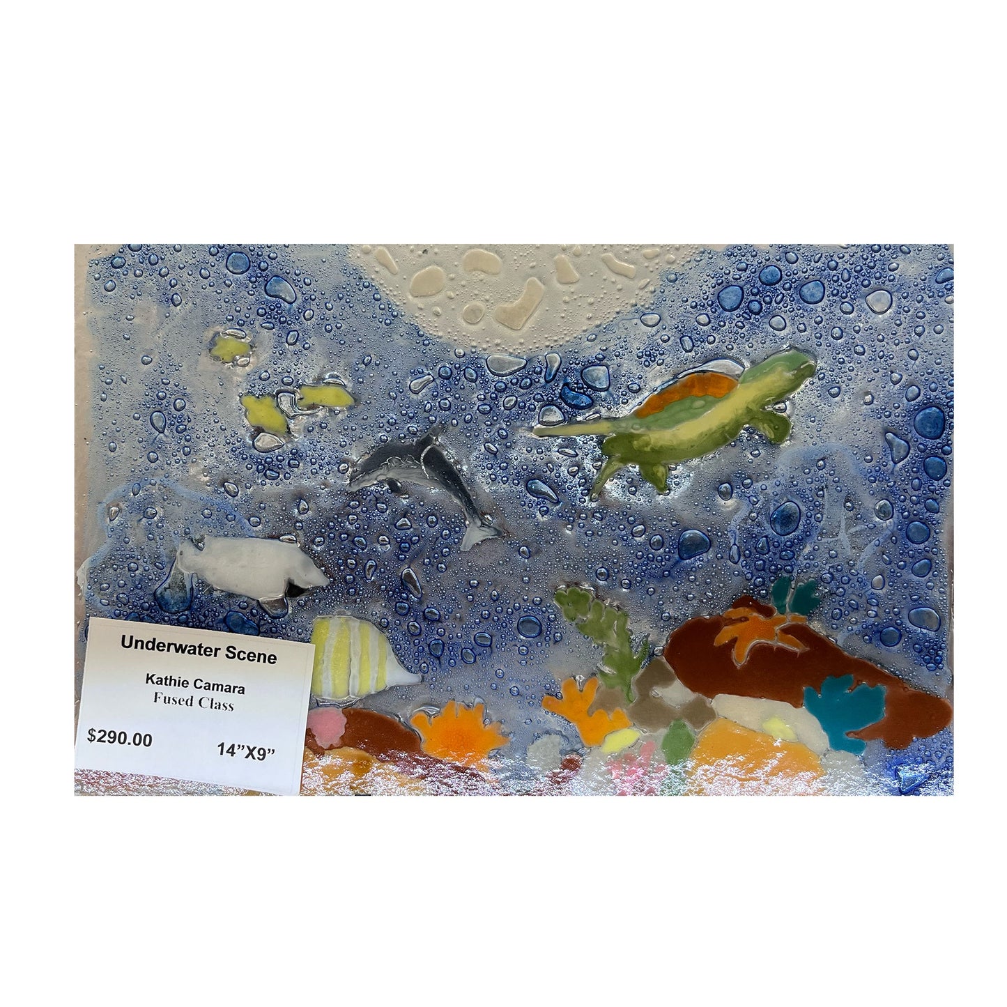 Turtle, Dolphin, Fish, Coral, underwater Scene, sea, ocean. Hand painted, fused glass, kiln fired, metal stand, 14" X 9"  
