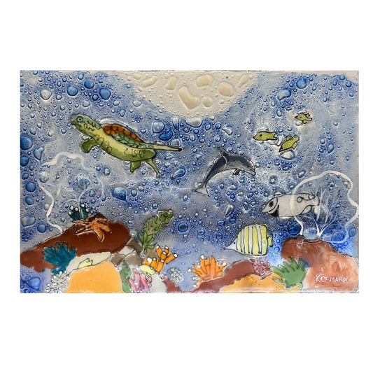 Turtle, Dolphin, Fish, Coral, underwater Scene, sea, ocean. Hand painted, fused glass, kiln fired, metal stand, 14" X 9" 