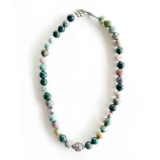 Colorful, natural agate, 6mm rounds, .925 sterling silver beads, sterling silver toggle, 17.5” long