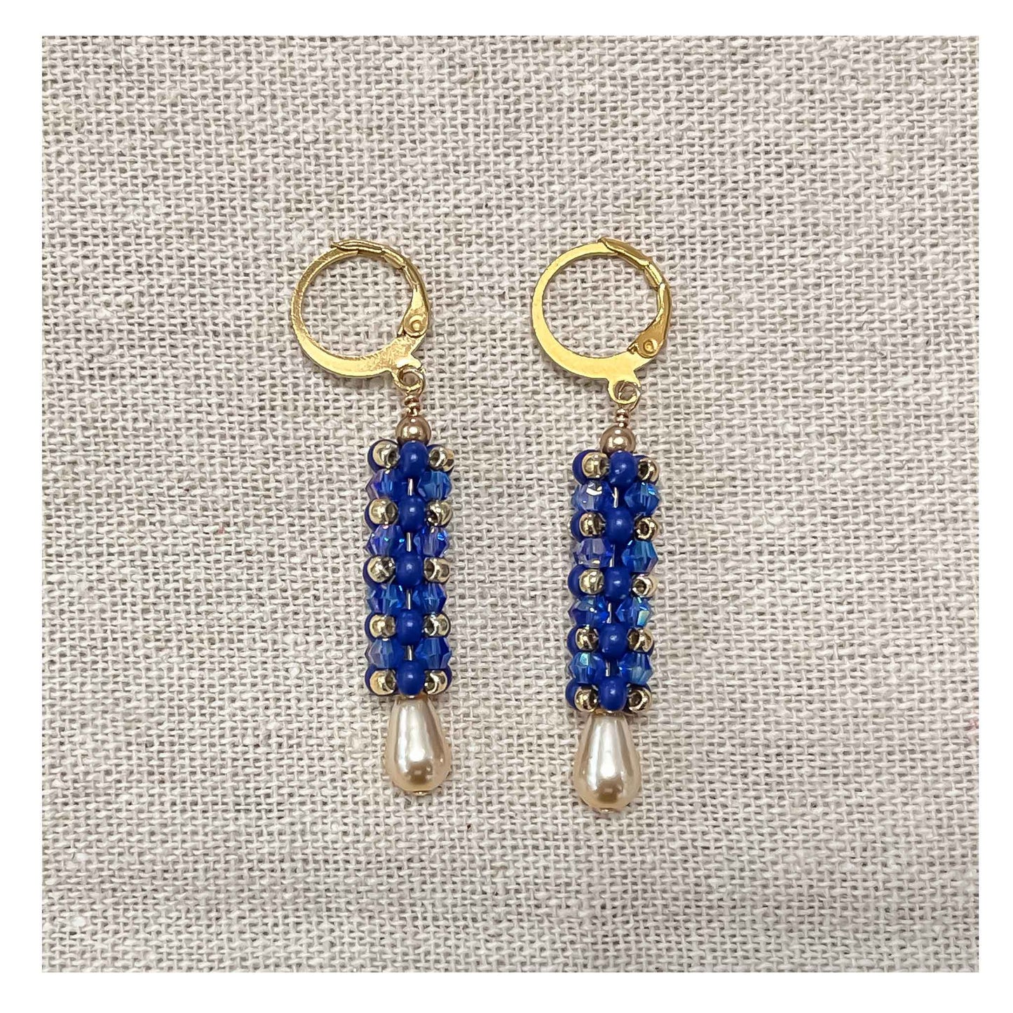 Beaded earrings, cubic right angle weave stitch,  Navy Blue with Swarovski crystals, gold filled, lever backs.