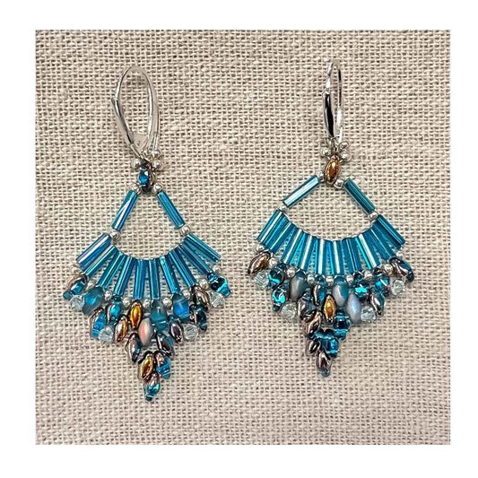 blue earrings,  Czech glass super duos and bugle beads, Swarovski crystal bicornes, sterling silver lever back