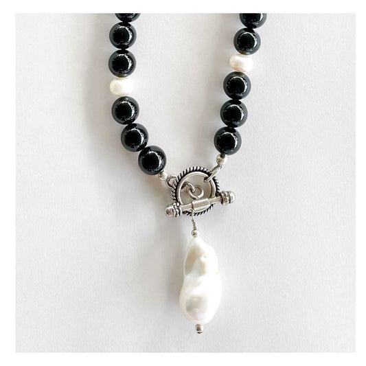 necklace, 10mm onyx, round stones, freshwater pearls, button shape,  jewelry wire, .925 sterling silver, toggle clasp, 20mm, .925 sterling silver, Fresh water pearl,  baroque Pearl pendant , 20mm x 12mm , 18” Long