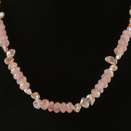 MEH Pink Rose of France and Freshwater Pearl Necklace by artist Maria Hormaza, 21 inches in length, Sterling silver clasp, Pink Rose of France stones and Fresh water pearls