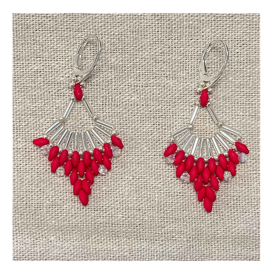 Beadwork earrings, handmade, red and silver, Czech Super duo beads , bugle beads, Crystals bicornes, 925 sterling silver lever backs