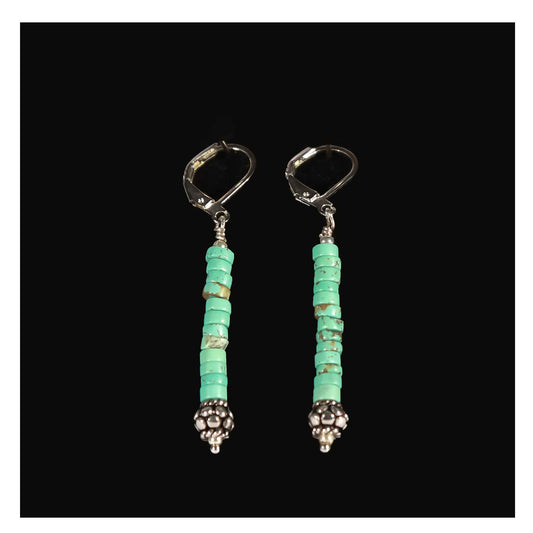 Hand made, earring, turquoise and .925 sterling silver, .925 sterling silver lever backs, Simple, elegant, 2” long.