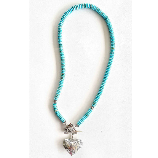 Turquoise necklace, 3mm turquoise flat round stones, unique Israel Toggle, .925 sterling silver beads,  sterling silver toggle, Heart pendant, .999 sterling silver, handmade, Hilltribes of Northern Thailand,  antique silver,  17” long.