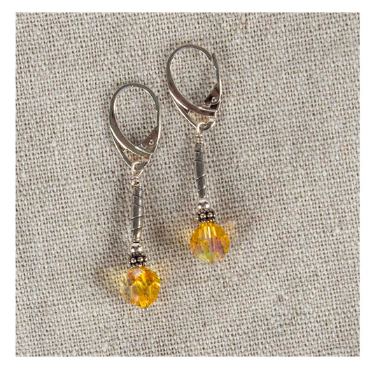 Handmade earrings,  925 sterling silver, Round facetted yellow Swarovski crystals, 925 sterling silver lever backs, 1.75”, 5-mm Crystal