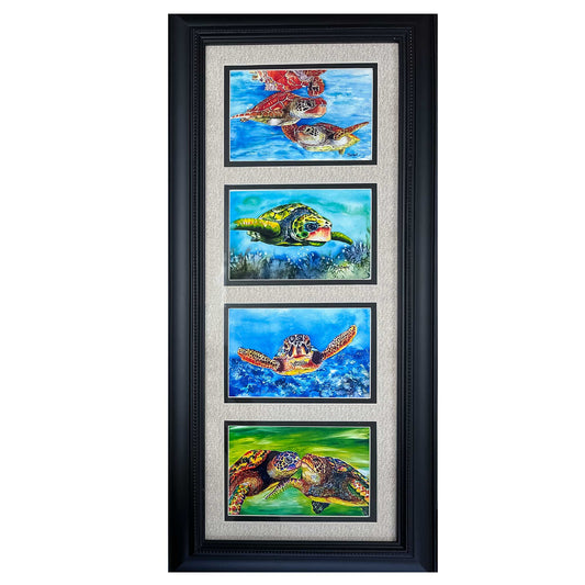 Maria Barry, unique, Turtle, prints, watercolor, Framed. Turtle Montage, matted, black frame, 10.5" x 22.5"