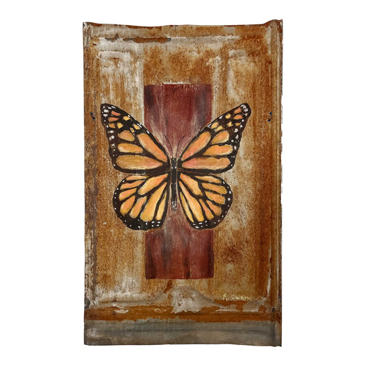 JRO Monarch 1 Acrylic Painting on Shingle, Monarch Butterfly on Vintage Tin Roof Shingle, Acrylic painting on metal, browns, black and orange, Wildlife, Original Acrylic painting by Becky Owen