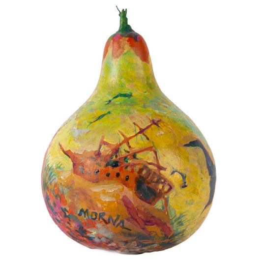 underwater scene of tropical fish and a sunken shipwreck, gourd painting