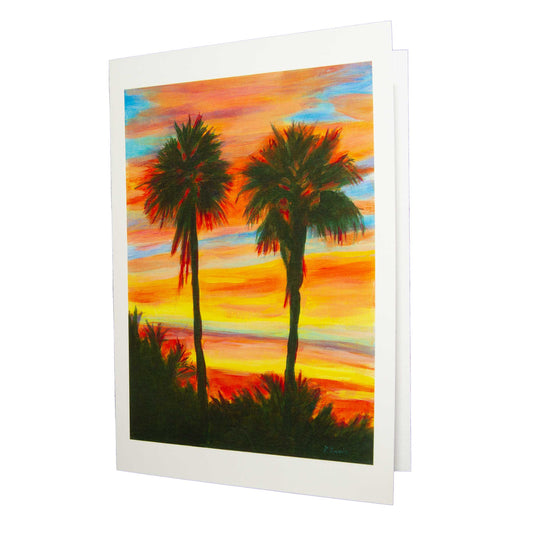greeting card, note card, print of two palm trees in the sunset, Florida sunset, Double Palm at Sunset Greeting Card