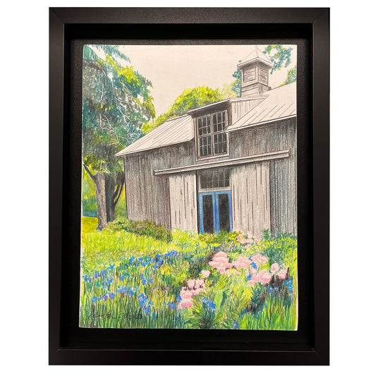 RWP East Lyme Barn Colored-Pencil Painting, Painting is 8 1/2" by, Weathered Barn, Vibrant Flowers, "Tonal" school of landscape painting, style 11" with a framed 12" x 15" size