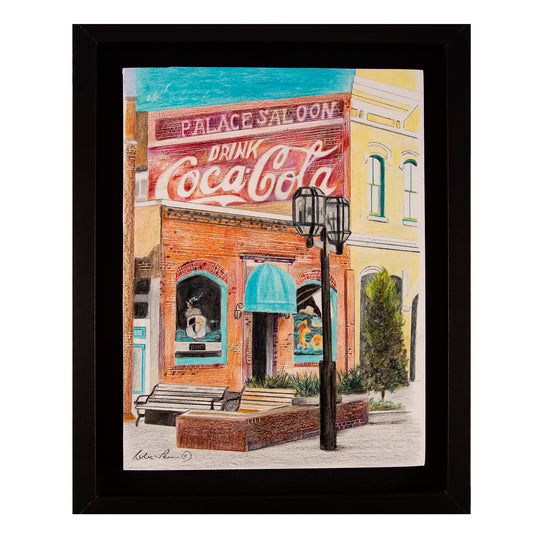 Original colored-pencil painting, framed in black shadow box, Fernandino Beach, FL, Quaint Setting, Brick front building, Aqua Awning