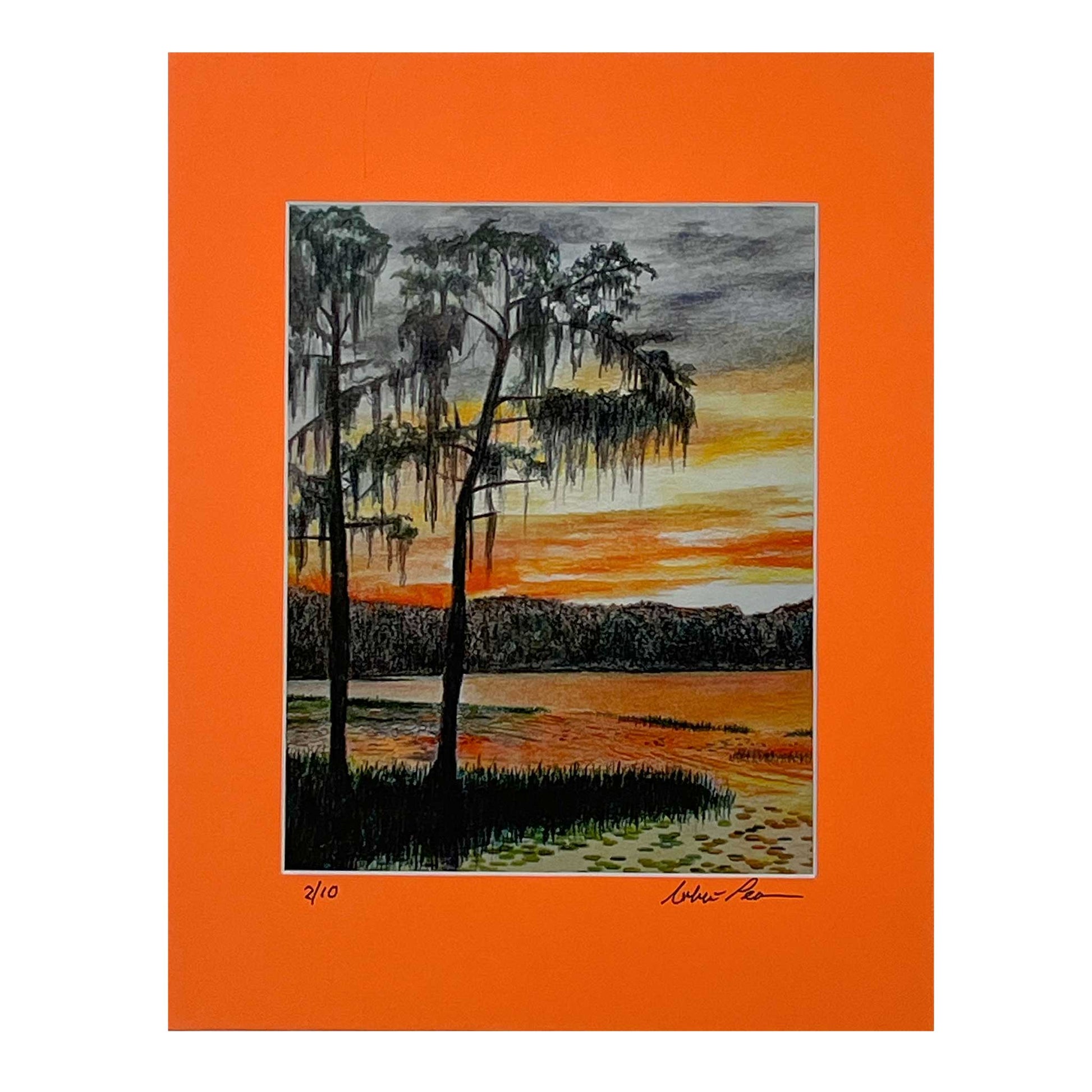 RWP Homage to Highwaymen Sunset Matted Print by Artist Robert Pearson, Florida's Lake Louisa State Park, Orange sky reflecting off the water, Beautiful Sunset of Lake Dixie, Two Moss Covered Trees in the Orange Glow of Sunset, 11 x 14" matted Print