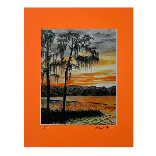 RWP Homage to Highwaymen Sunset Matted Print by Artist Robert Pearson, Florida's Lake Louisa State Park, Beautiful Sunset of Lake Dixie, Two Moss Covered Trees in the Orange Glow of Sunset, 11 x 14" matted Print