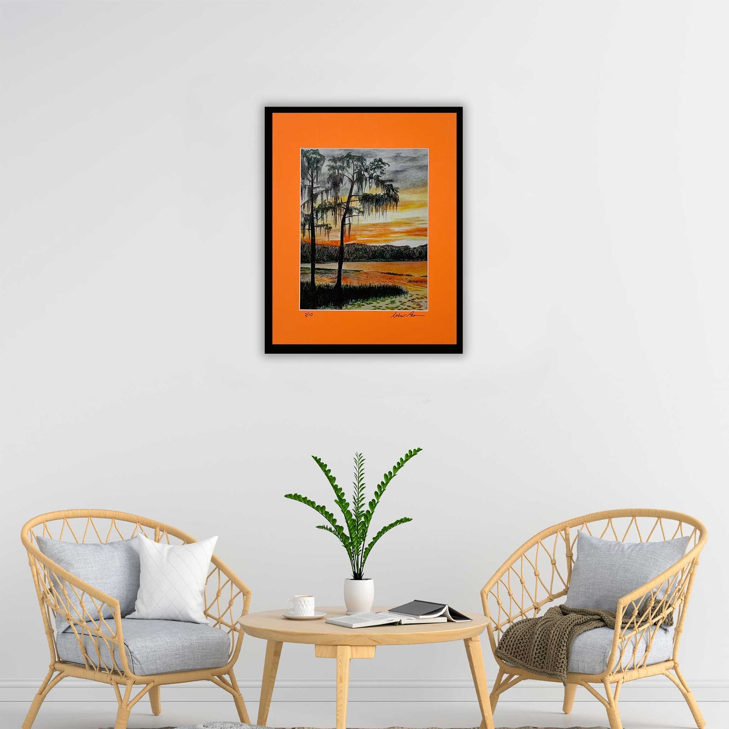 RWP Homage to Highwaymen Sunset Matted Print by Artist Robert Pearson, Florida's Lake Louisa State Park, Beautiful Sunset of Lake Dixie, Two Moss Covered Trees in the Orange Glow of Sunset, 11 x 14" matted Print
