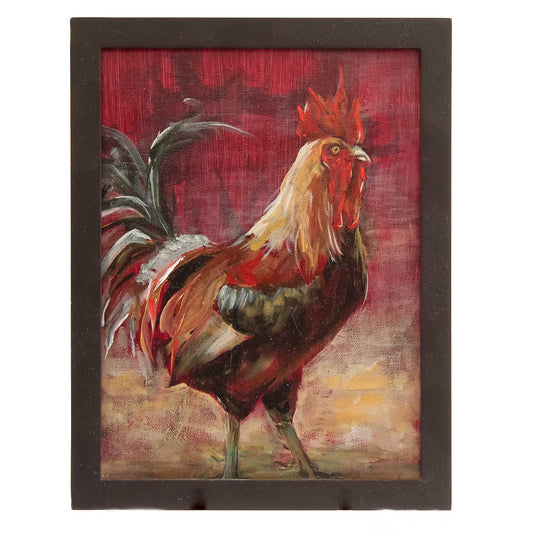 JRO Rooster on Red Original Acrylic Painting by Becky Owen.  Red rooster on a red background, Brown wooden frame, Reds and golds, Original artwork, 10" x 13"