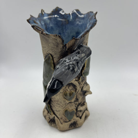 Front View of SAS Nuthatch Bark Vase Blue