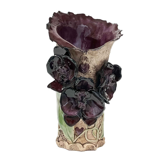 Front View of SAS Three Orchid Bark Vase Deep Purple by Artist Shirley Suski 