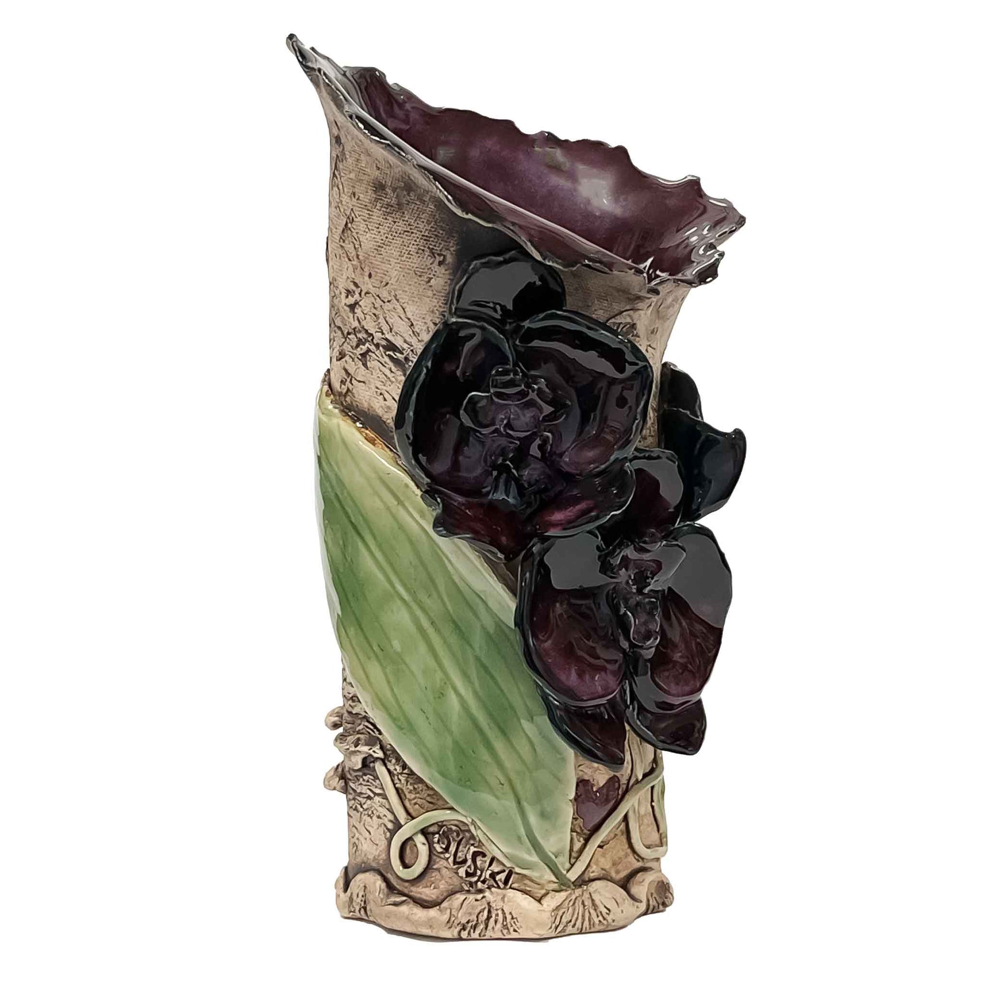Side View of SAS Three Orchid Bark Vase Deep Purple by Artist Shirley Suski