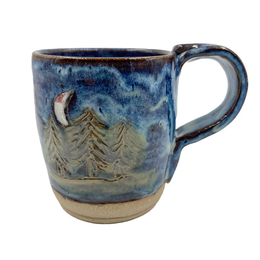 Blue White Tree Mug stoneware, ceramic mug, sun and moon