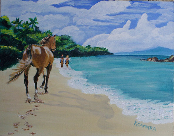 Art Prints, Ocean, Tide, Waves, Beach, Sand, Clouds, Horse, Kids, Sandcastles, Palm Trees, Blue Water, Turquoise Water, Colorful, Seascape