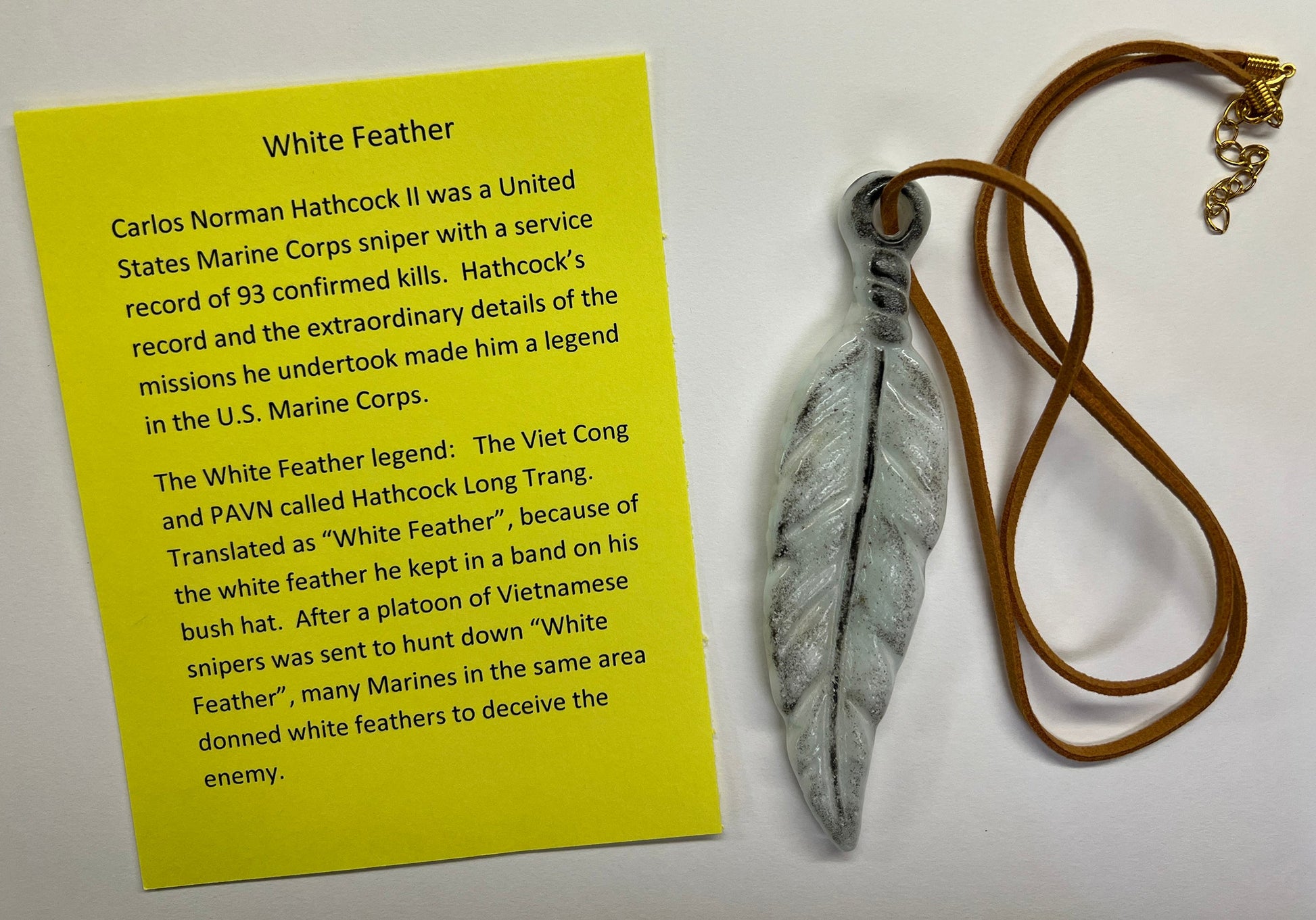 White Feather, Fused Glass, Amulet, tribute, Vietnam Veterans, white glass, 1" X 4" amulet, kiln fired, legend, White Feather, symbol, meaningful, Veterans, Marines, 24" leather cord, 