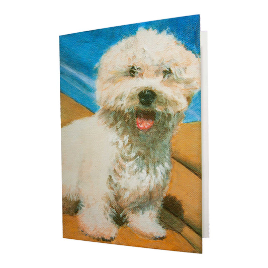 Painting of a fluffy, white puppy on a printed note card