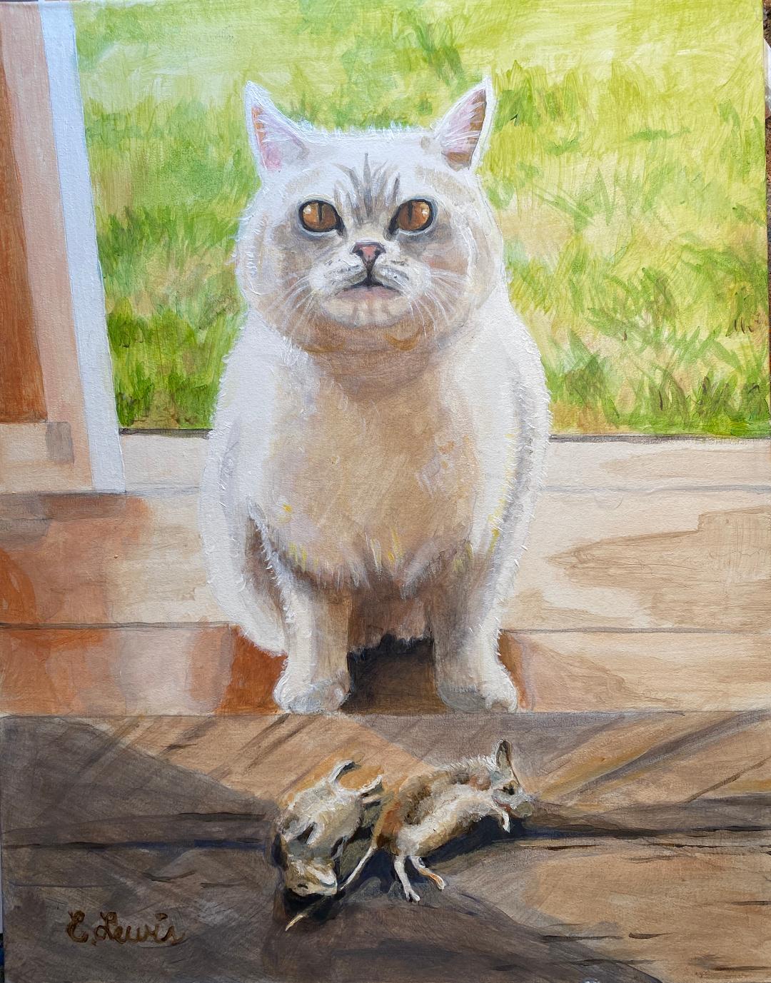 EKL Early Morning Catch Print of original painting by Emily Lewis.  Beautiful crosseyed cat who has presented two mice, beige cat that is sits green backlit scene, Framed canvas original painting