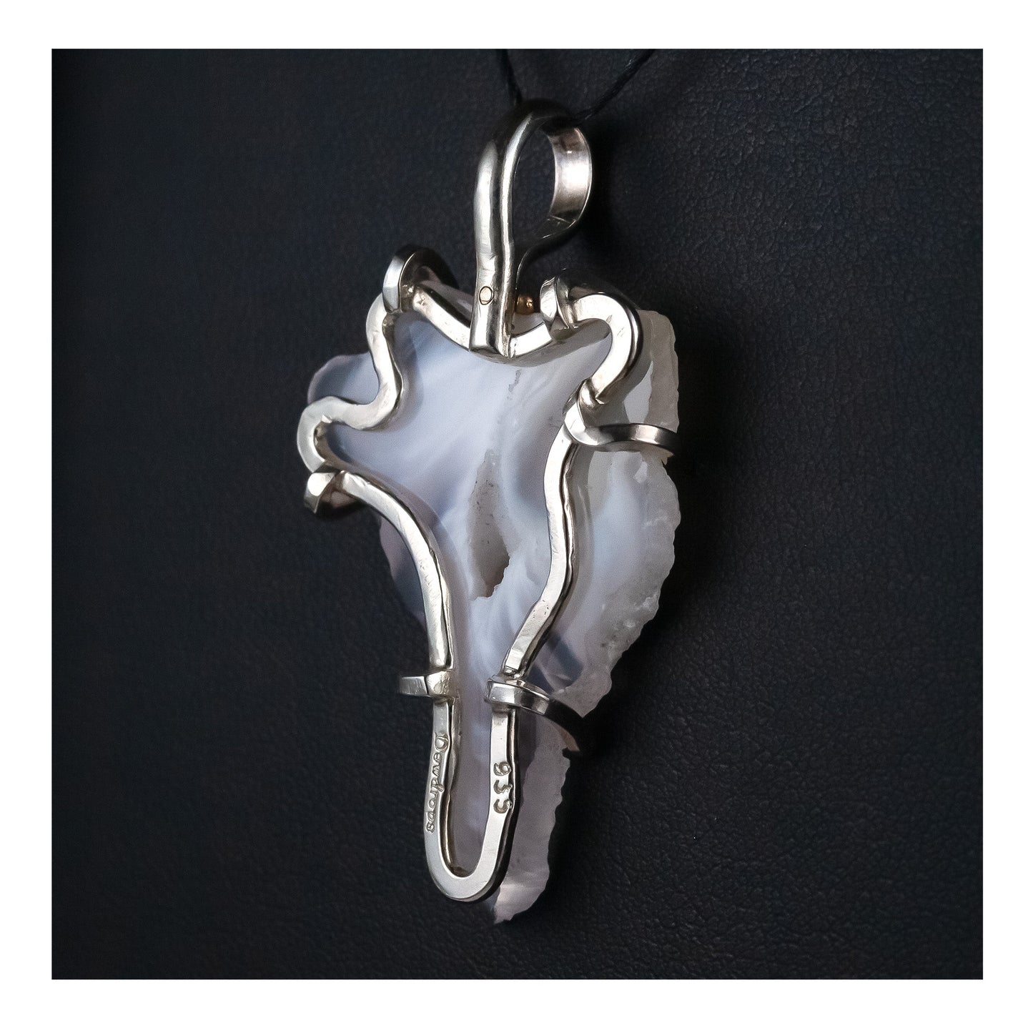A freeform Agate slice. Tarnish-resistant Argentium Silver. Pendant with Prong setting. Black cord. agate stone necklace.