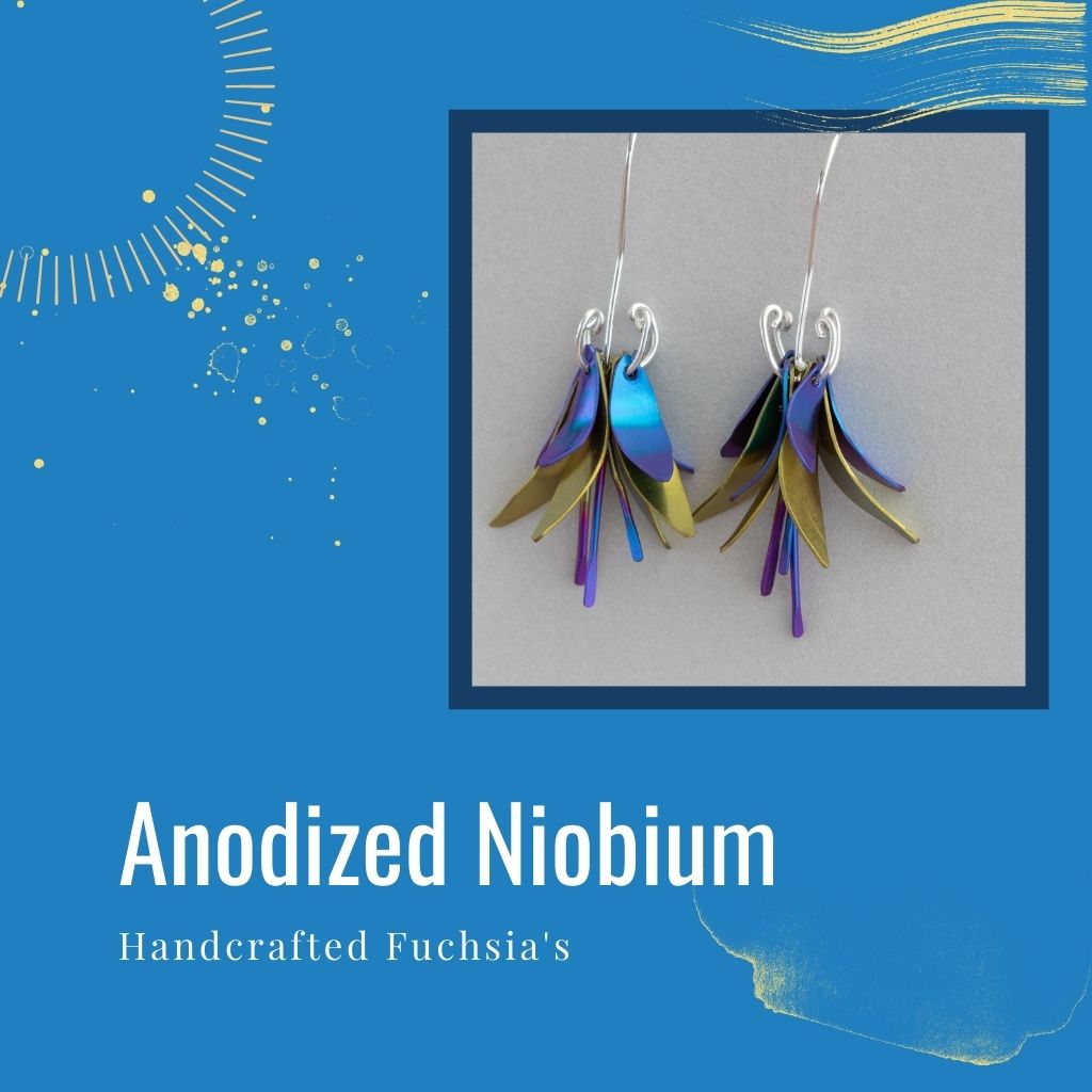 blue and yellow fuchsia earrings on blue background