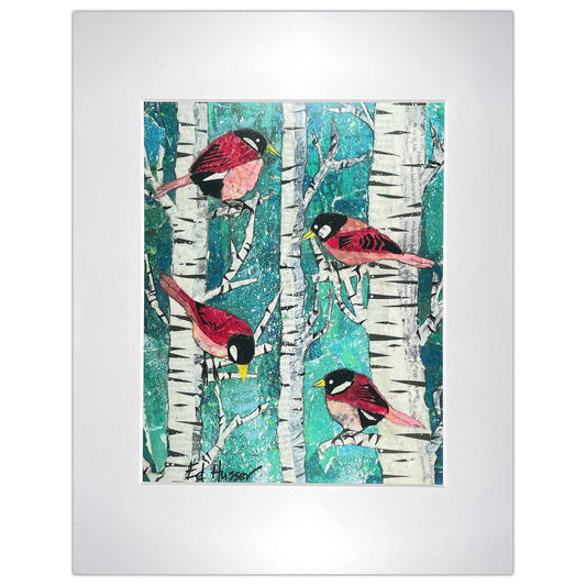 red birds, birch trees, paper collage birds, paper collage birds in birch trees 