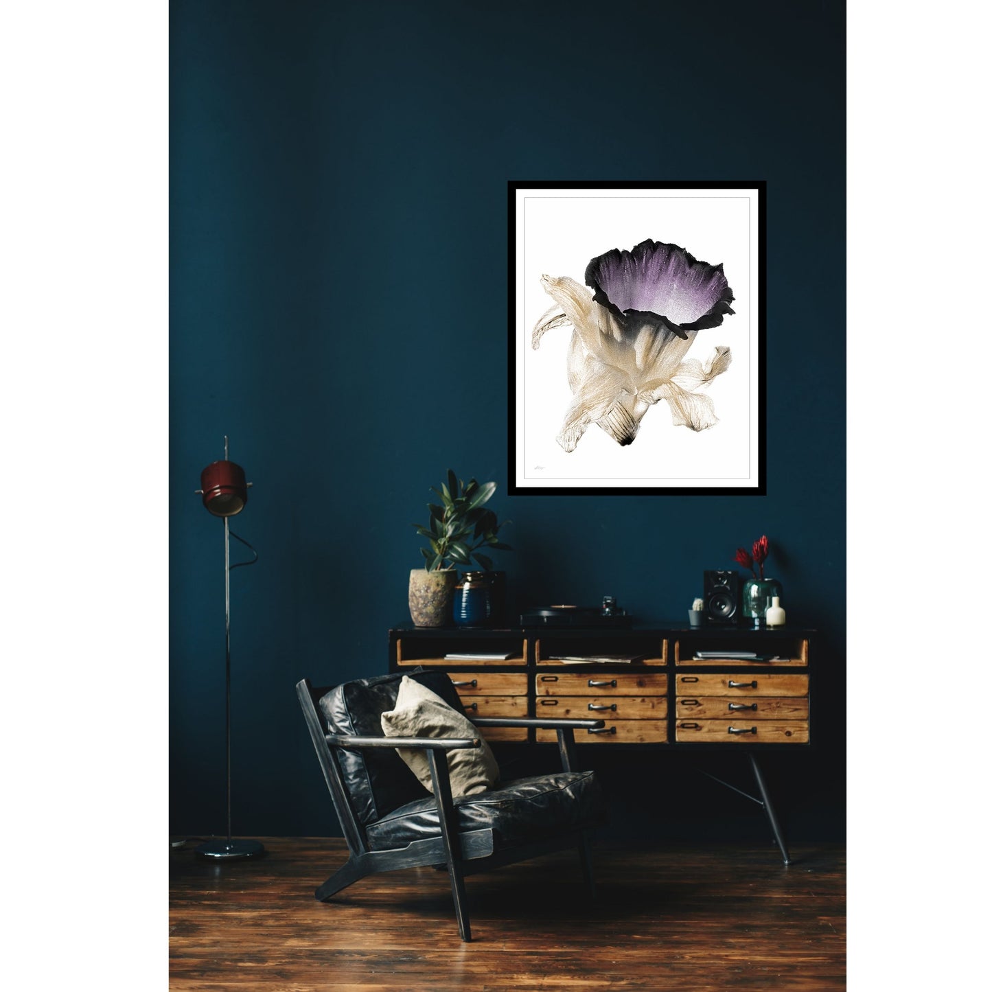 Abstract Floral on a breeze photo in a room with dark blue walls, a pine desk and black leather chair