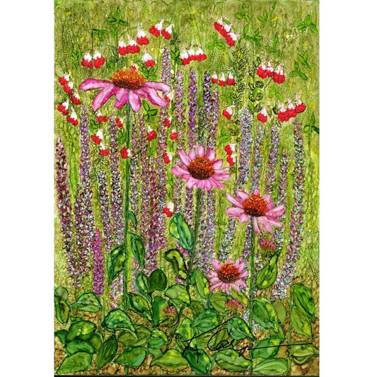 Cottage garden cone flowers print highlighting the pink flowers