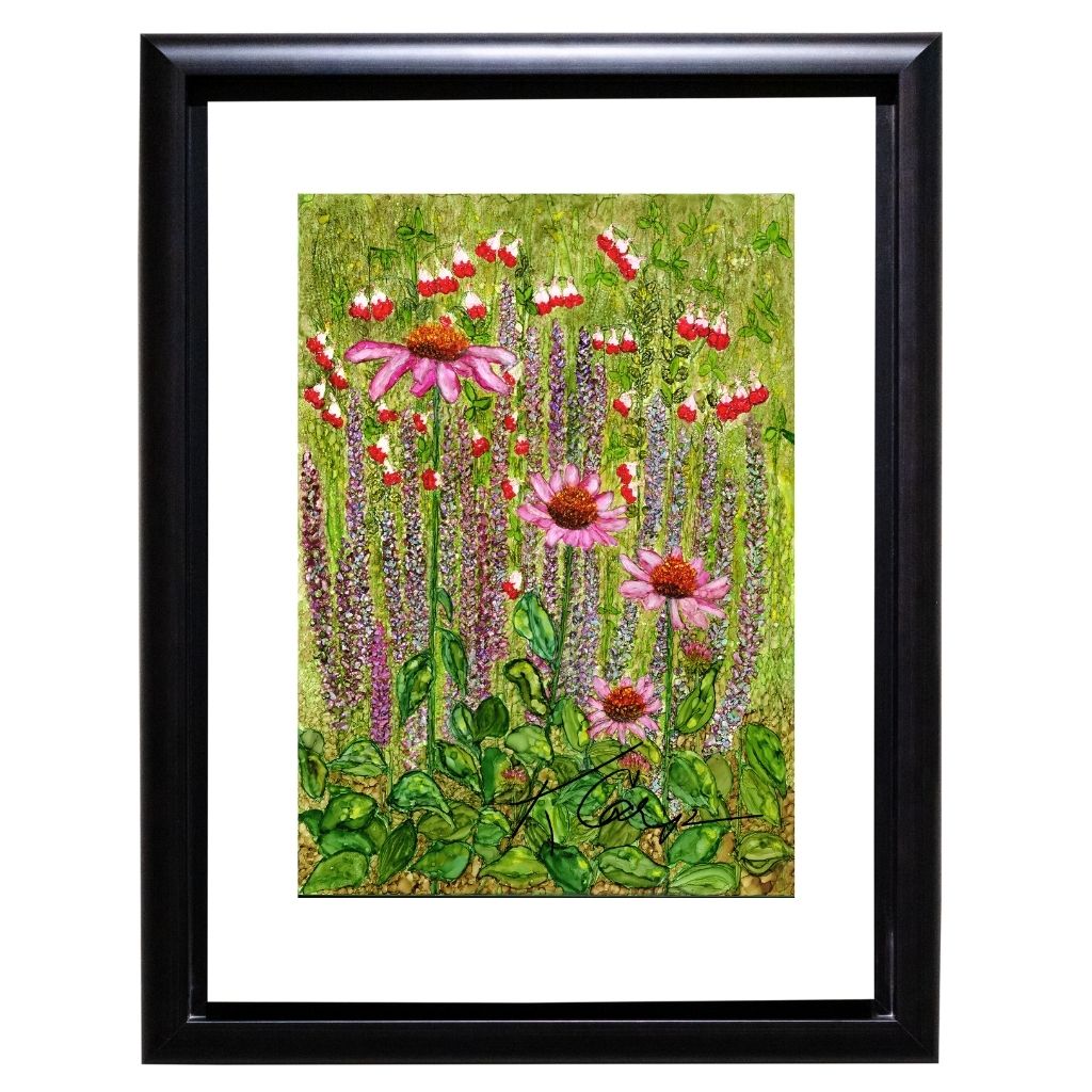 Cottage Garden Cone Flowers Print shown in a white mat and black frame