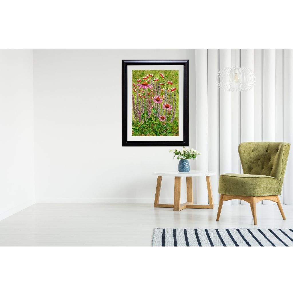 Cottage Garden Cone Flowers print shown in large size in a white room 