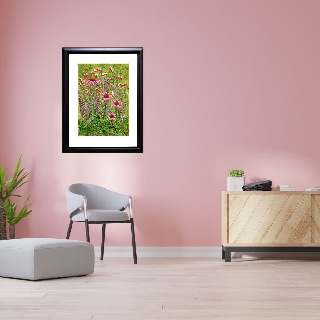 Cottage Garden Cone Flowers print shown in a white mat and black frame on a wall in a pink room