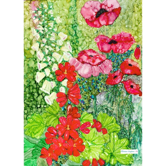 Cottage Garden Poppy Print with Red Poppies and Geraniums and White Foxglove