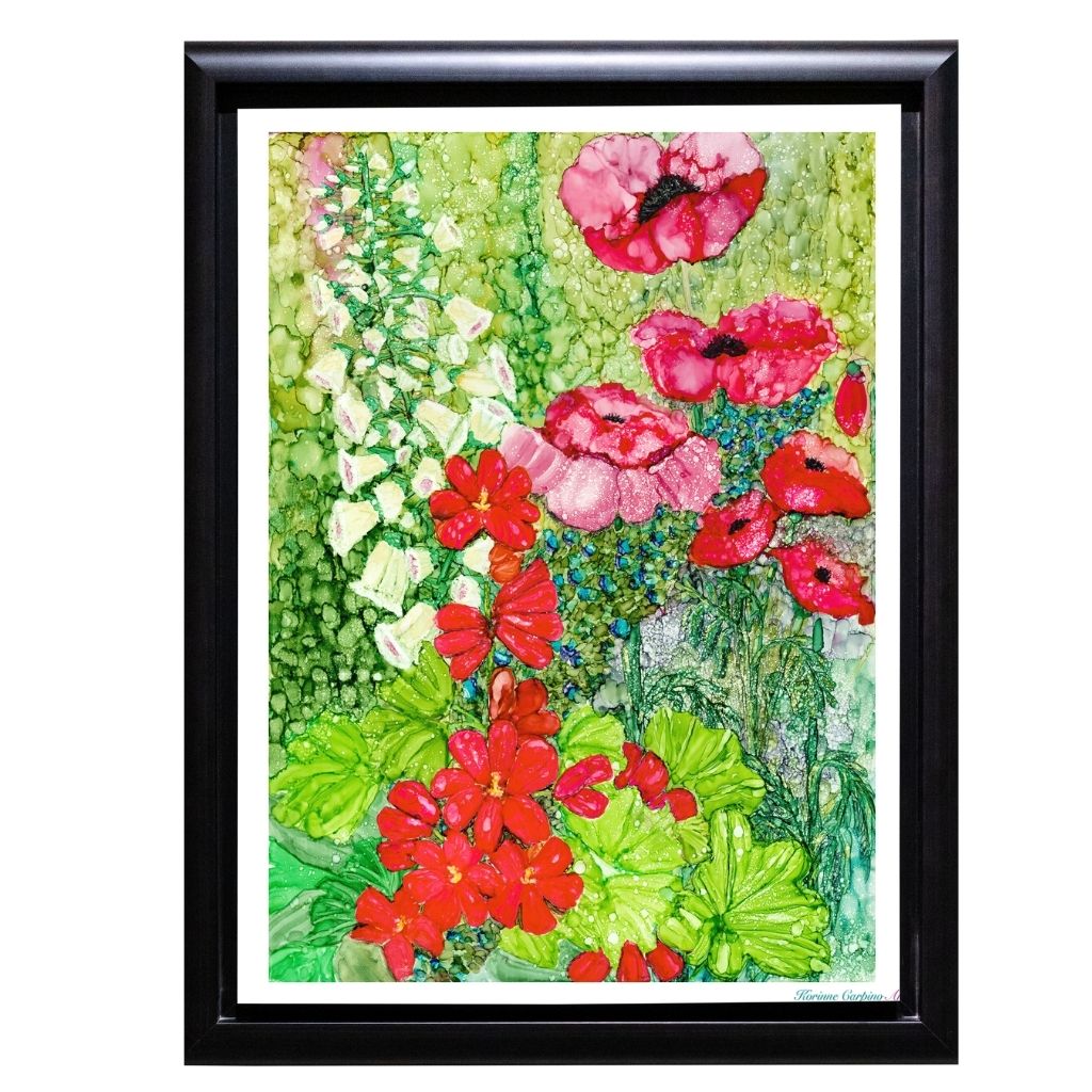 Cottage Garden Poppy Print in a white mat and black frame