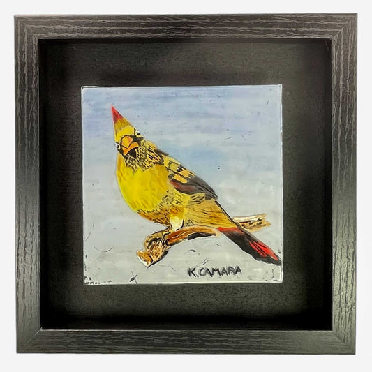 Fused Glass, Hand Painted, Cardinal, Female Cardinal, Birds, Heavenly Visitor, Wall Hanging, 10" X 10", Display Frame, Free Standing