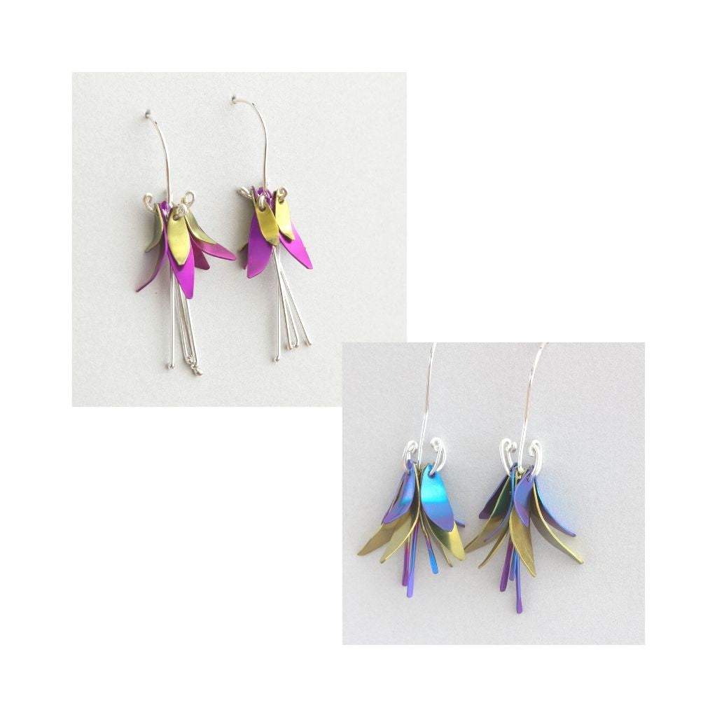 pink and yellow and blue and yellow anodized niobium fuchsia earrings with french wires