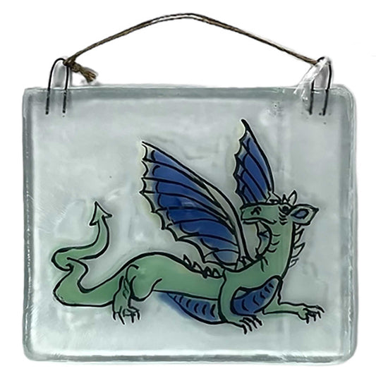 Dragon, Suncatcher, cartoon, Winged Dragon, Window Ornament, Fused Glass, Hand Painted, Green Dragon, Fire Breathing Dragon