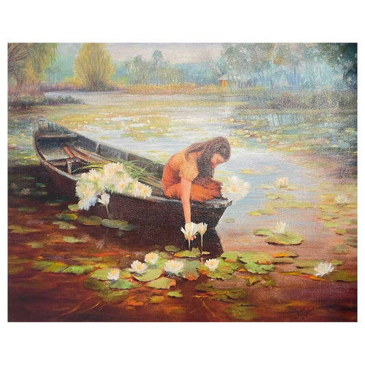 Dodi Truenow, Water Lilies, print, 16X20 print, artist embellished, FL waterscape, wooden boat, nymphaea flowers, lily pond, twilight, willows, cozy cabin 