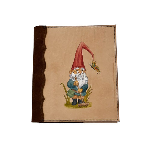 front cover of leather journal with hand painted gnome 