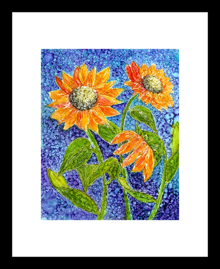 Orange Sunflowers Print with white mat and black frame